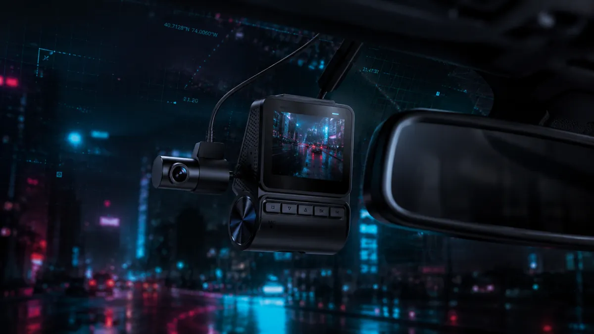 A dual-lens dash cam mounted behind the rearview mirror at night, the road ahead overlaid with GPS coordinates and a timestamp, the chain-of-custody metadata that turns footage into evidence