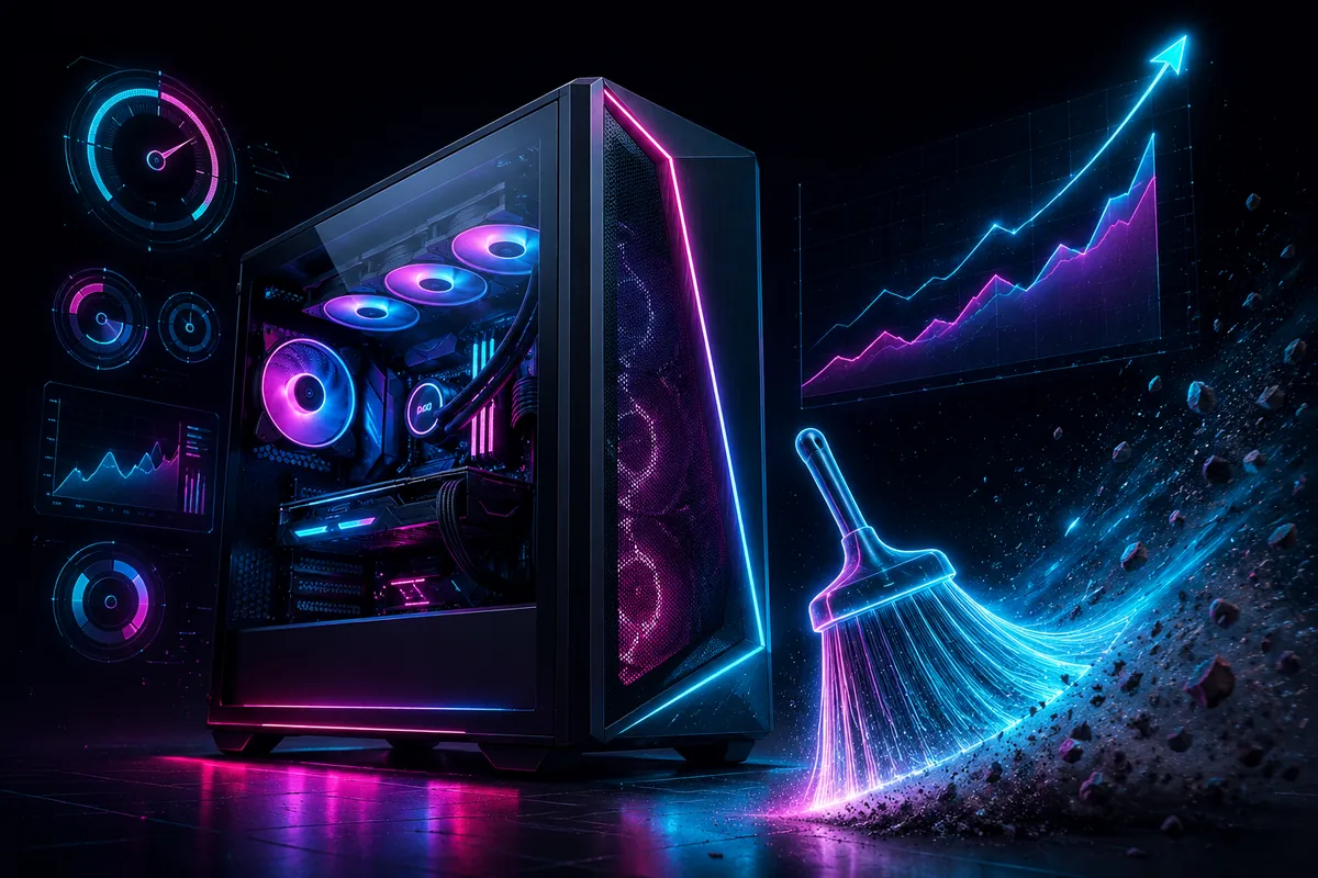 A glowing PC tower with holographic performance dials sweeping away digital dust