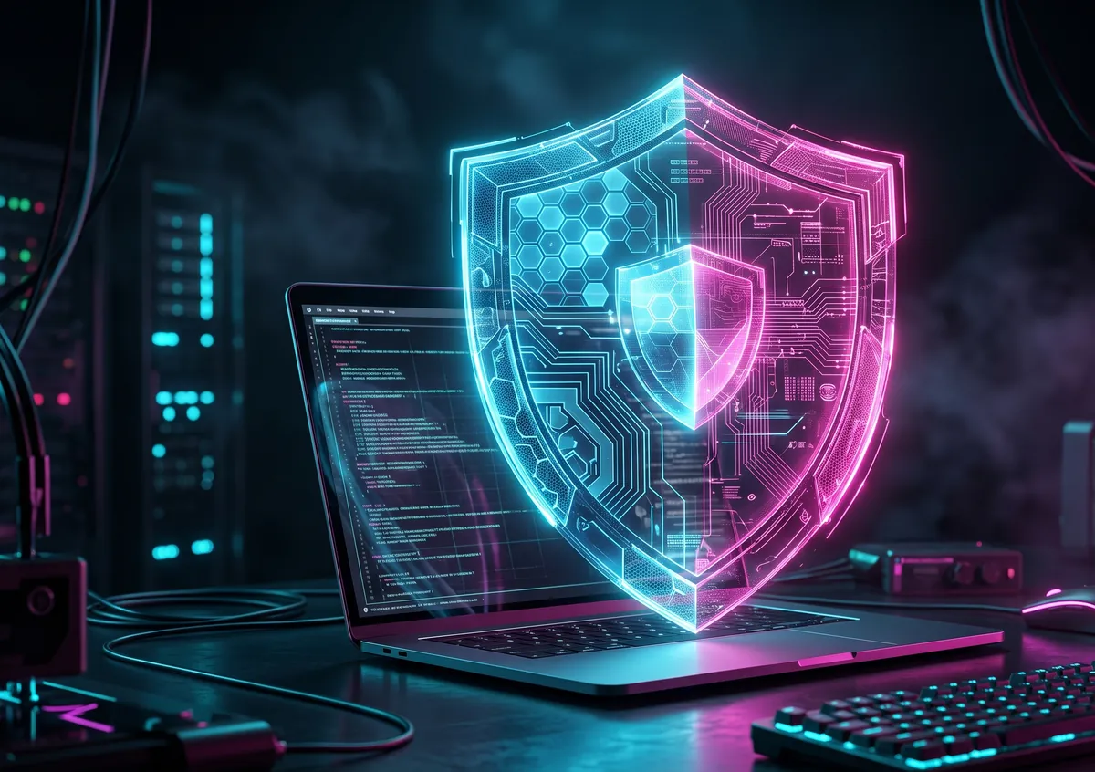 A holographic shield over a laptop, half built-in system armor and half premium add-on layer