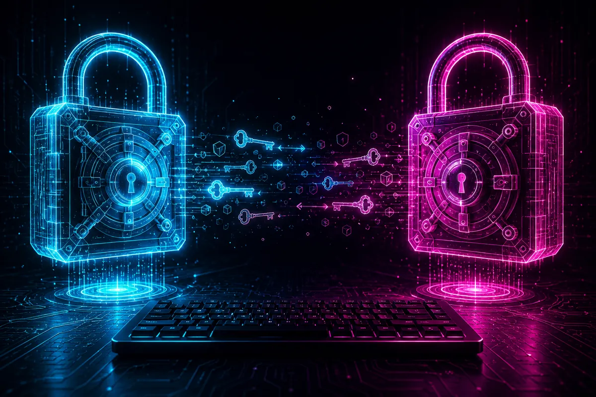 Two holographic password vaults glow side by side above a dark keyboard