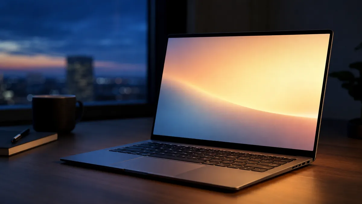 An open thin laptop on a desk at dusk, the screen the only light source in the frame