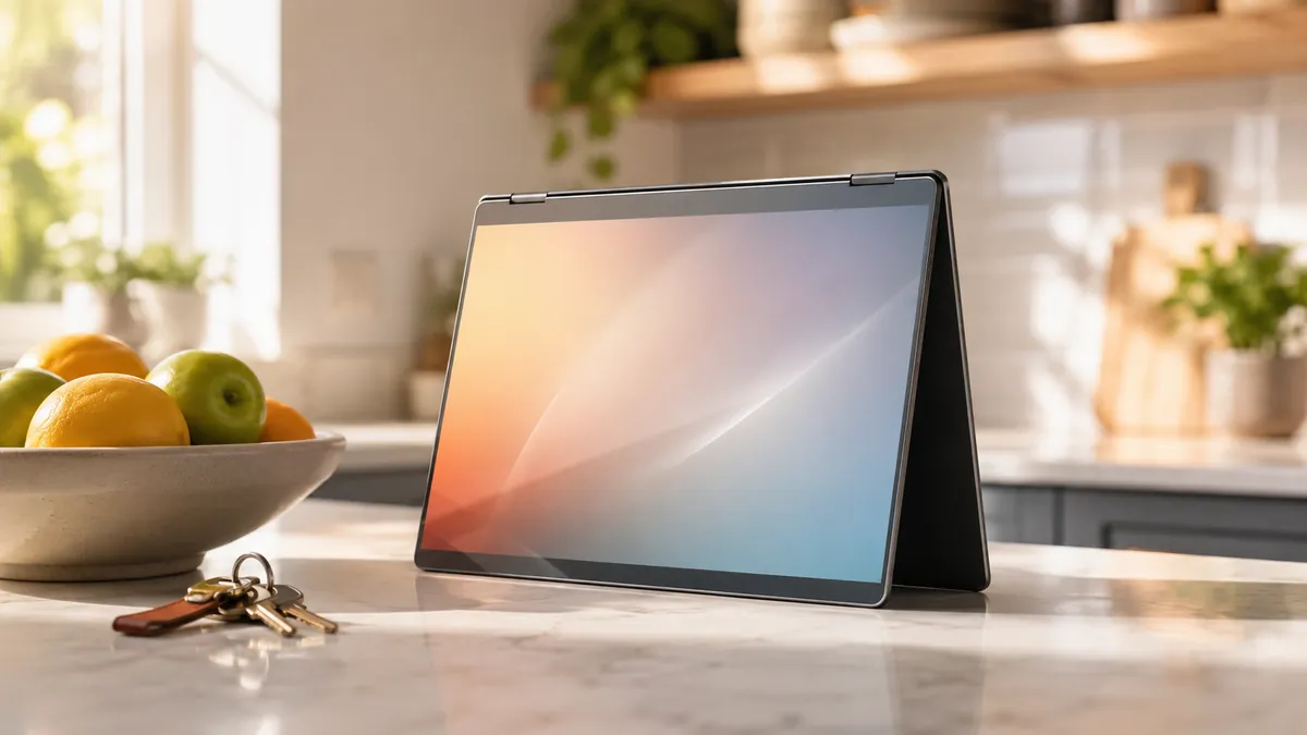 A convertible laptop folded into tablet mode on a kitchen counter