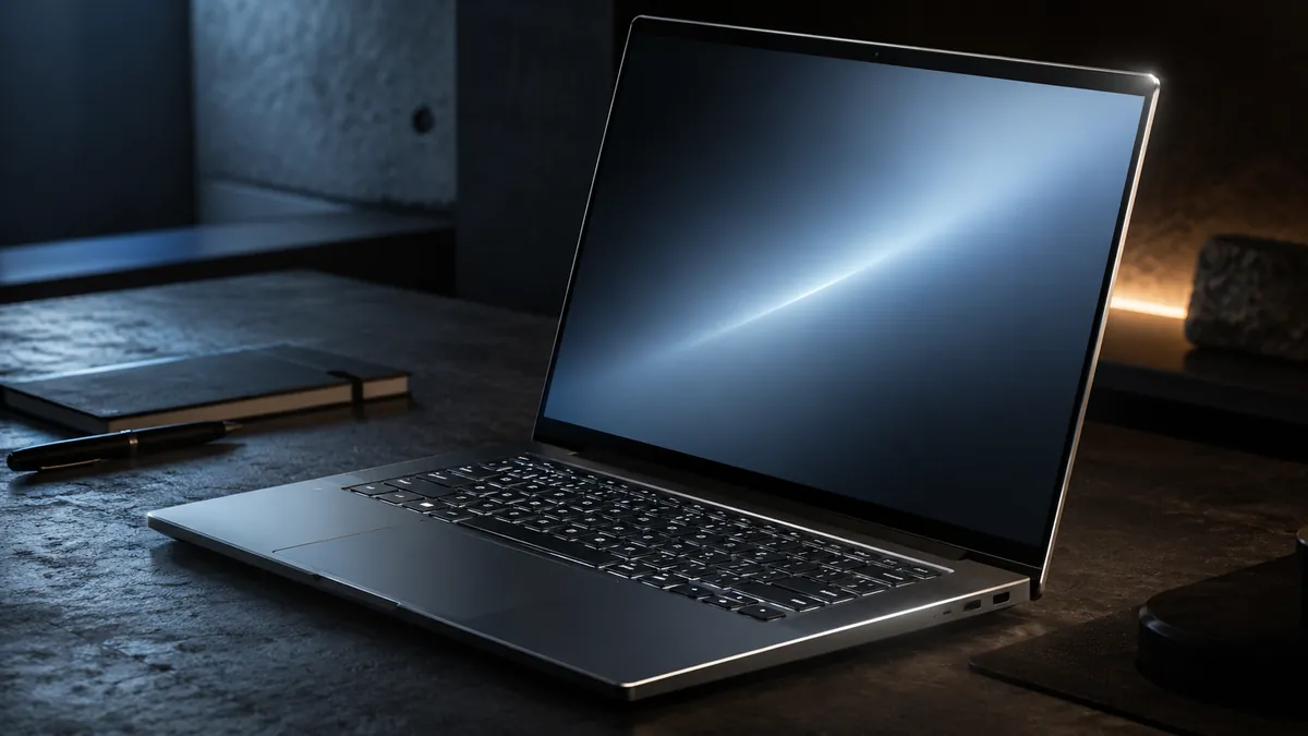 A business-class aluminum laptop open at an angle, matte finish catching a hard edge of light