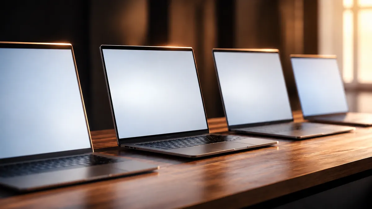 A row of open laptops on a workbench under warm light, screens glowing, the moment before a buying decision