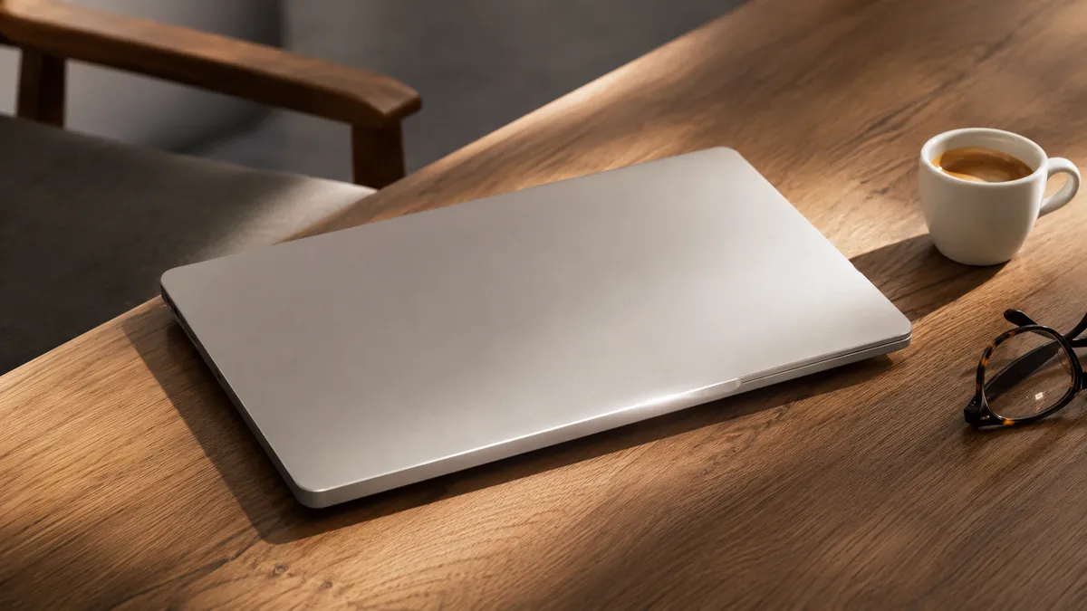 A thin silver laptop closed on a wooden surface beside a coffee cup