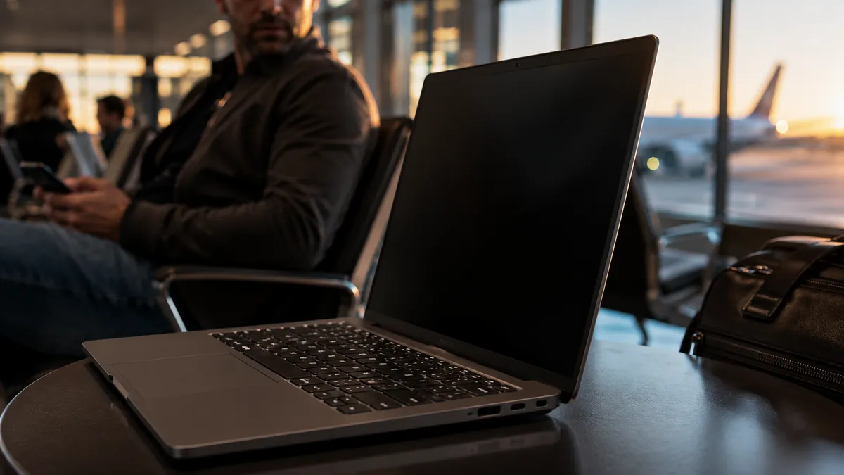 A laptop screen viewed from a sharp side angle, the display nearly black to the observer