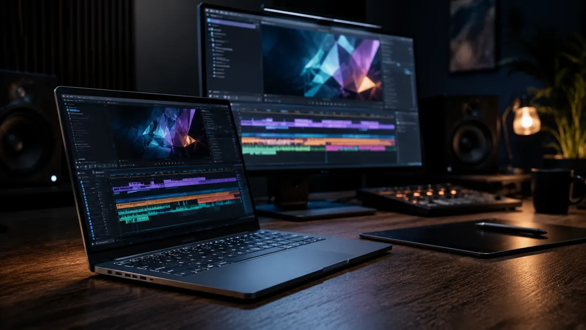A laptop on a studio desk beside an external display, screen bright with a timeline