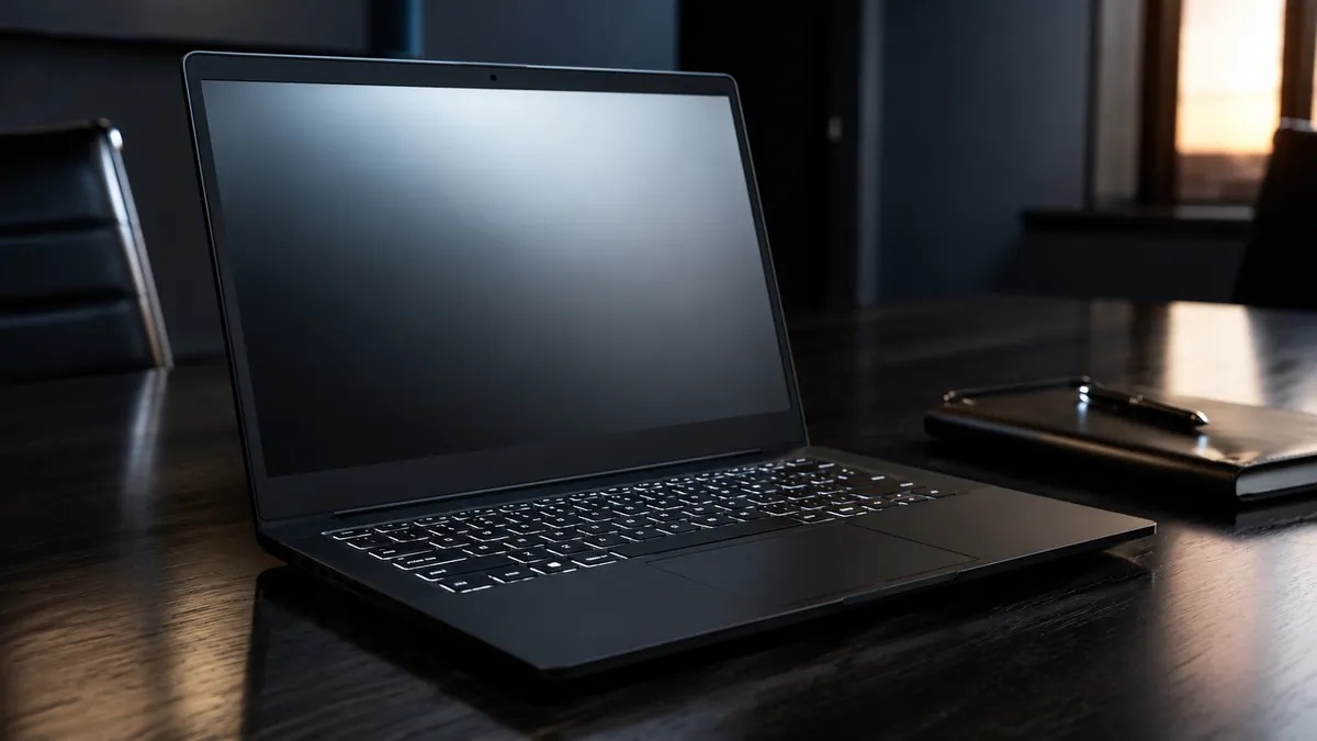 A black business laptop open on a conference table, keyboard backlit