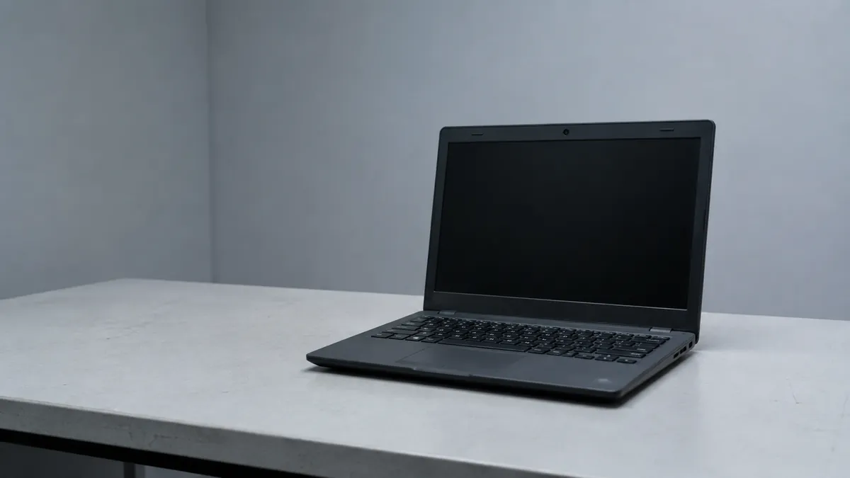 A budget laptop alone on a bare desk, lid open, screen dark