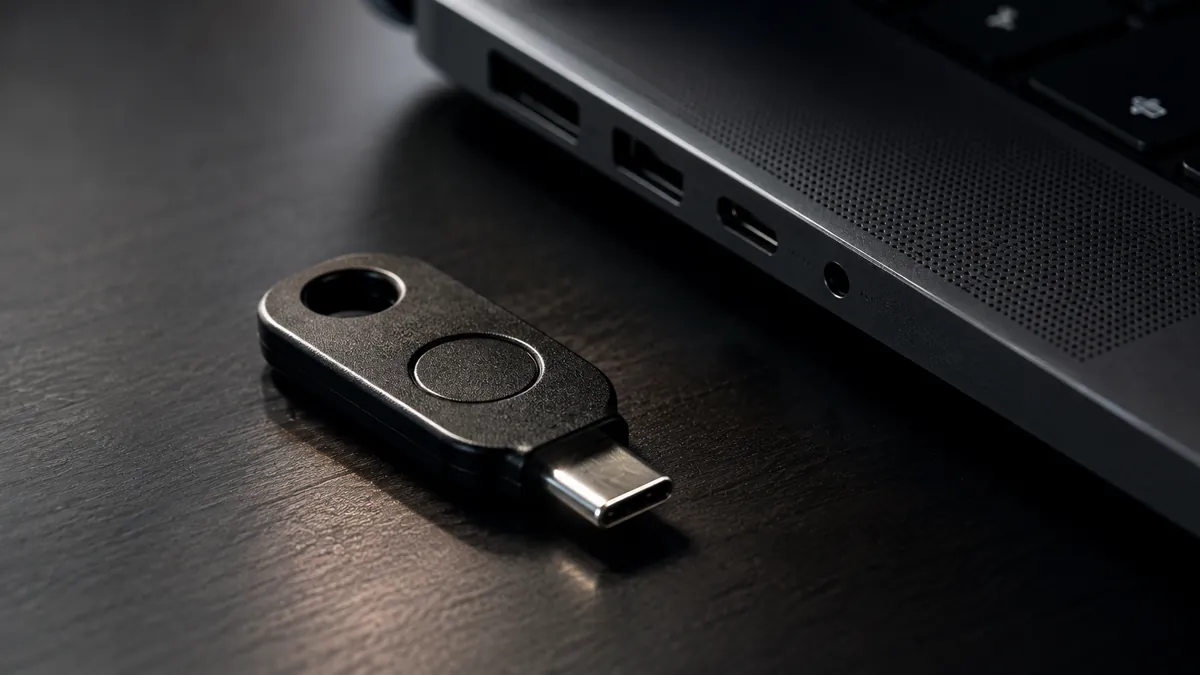 A small hardware security key resting beside a laptop port