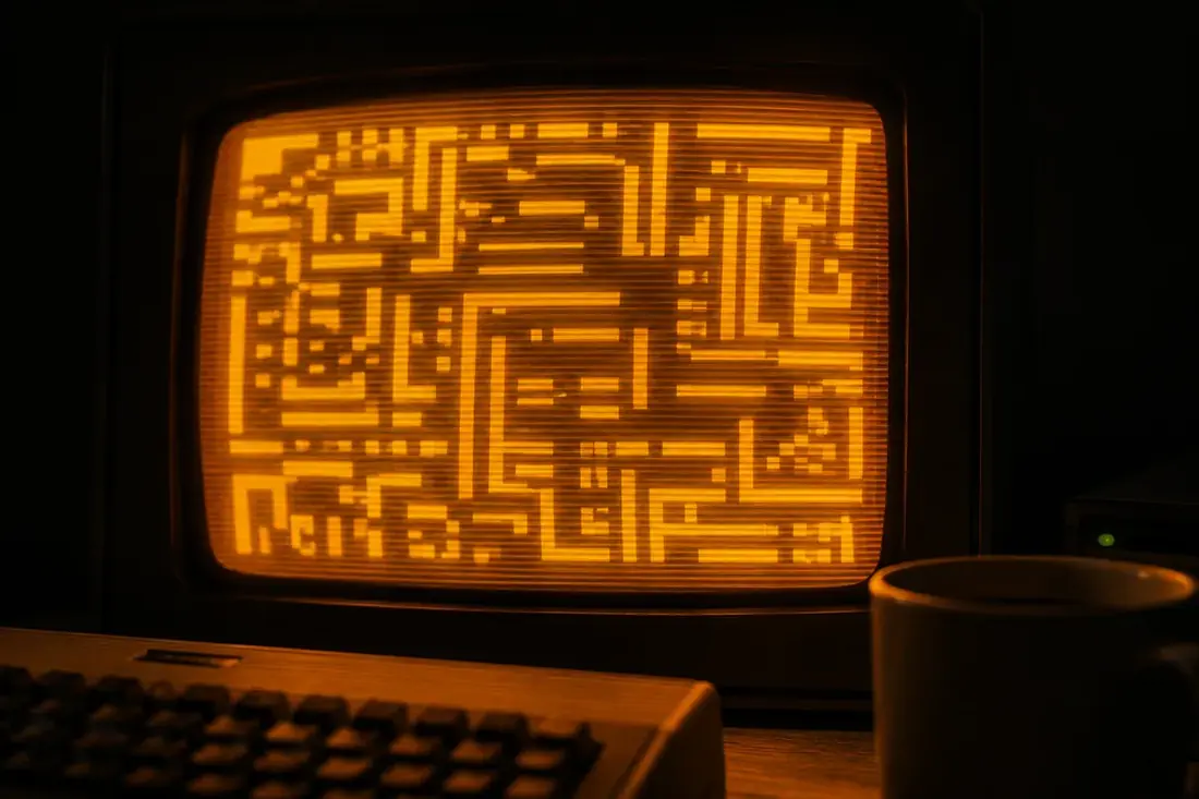 An amber CRT monitor displaying dense blocky character art with visible scanlines