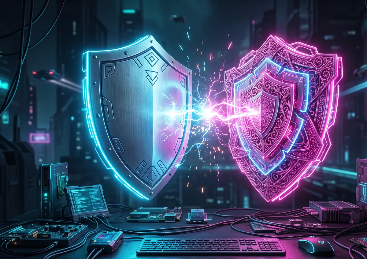 A utilitarian blue shield faces an ornate magenta shield in a built-in versus paid antivirus showdown
