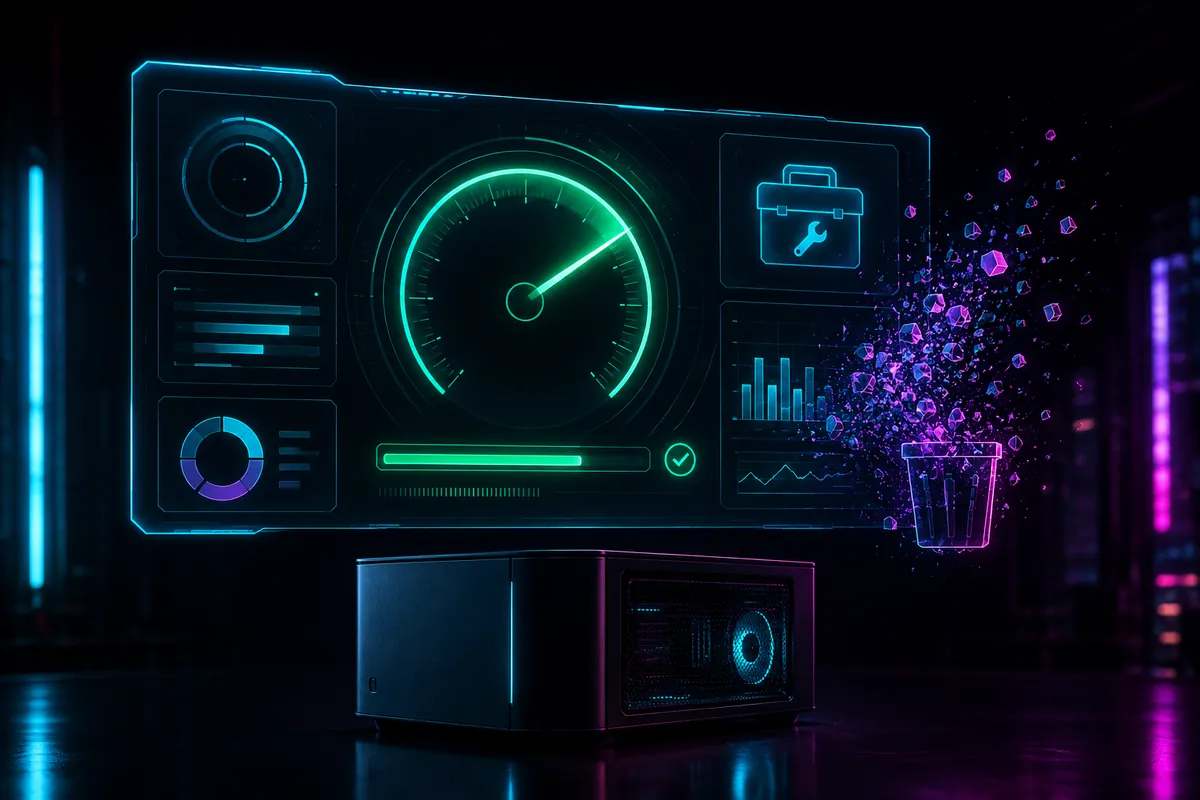 A holographic system dashboard with circular gauges hovers above a minimalist PC