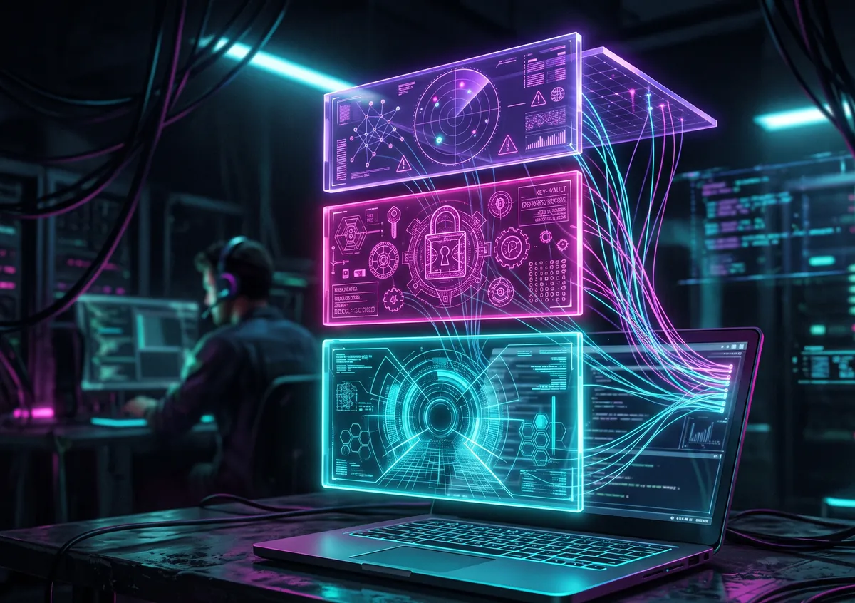 Three glowing protection layers stack above a laptop, joined by threads of light into one bundle