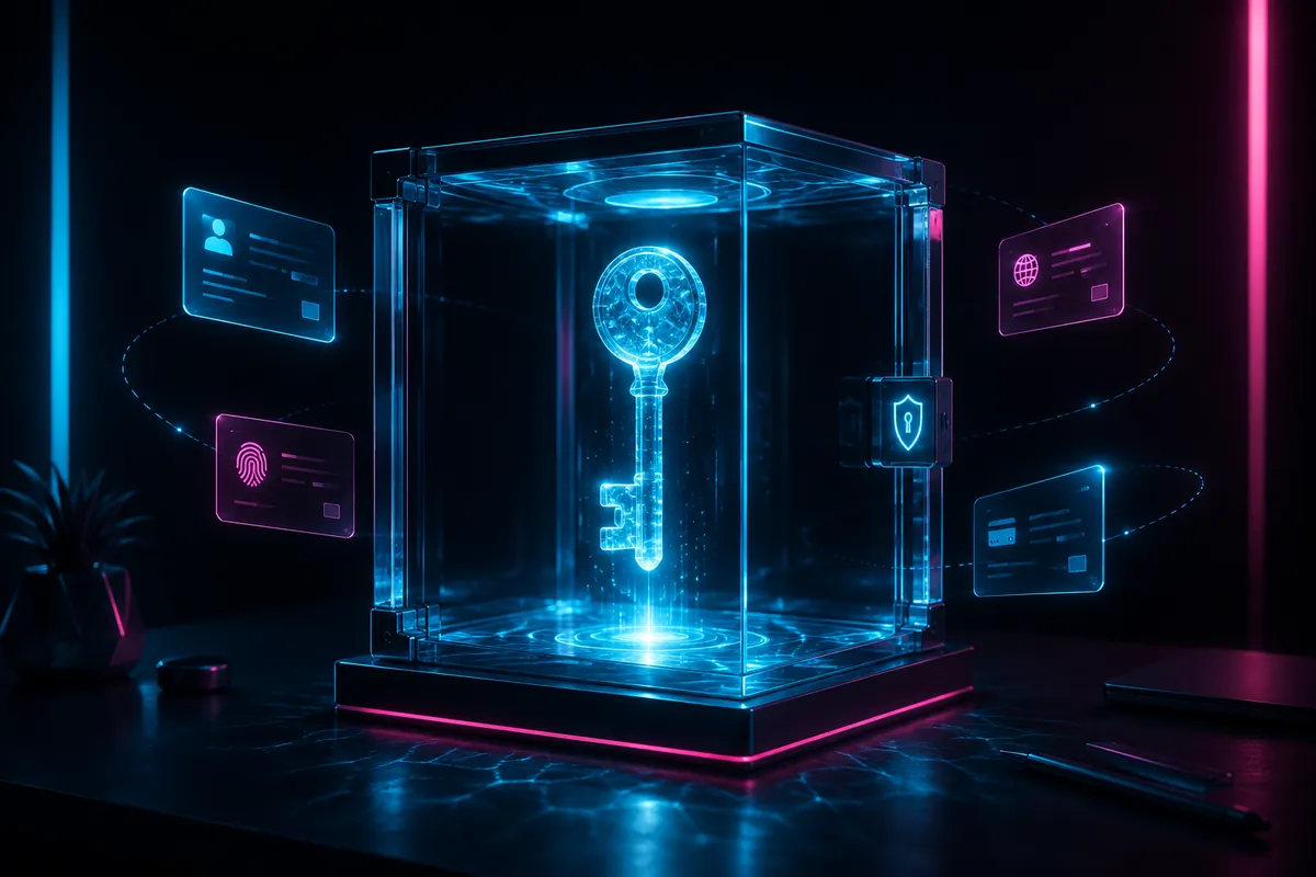 A holographic key floats inside a translucent glass vault cube with orbiting credential panes