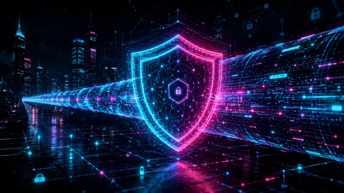 A glowing encrypted data tunnel and a neon shield over a dark futuristic cityscape, the core promise of a VPN rendered in 247plan's cyberpunk style