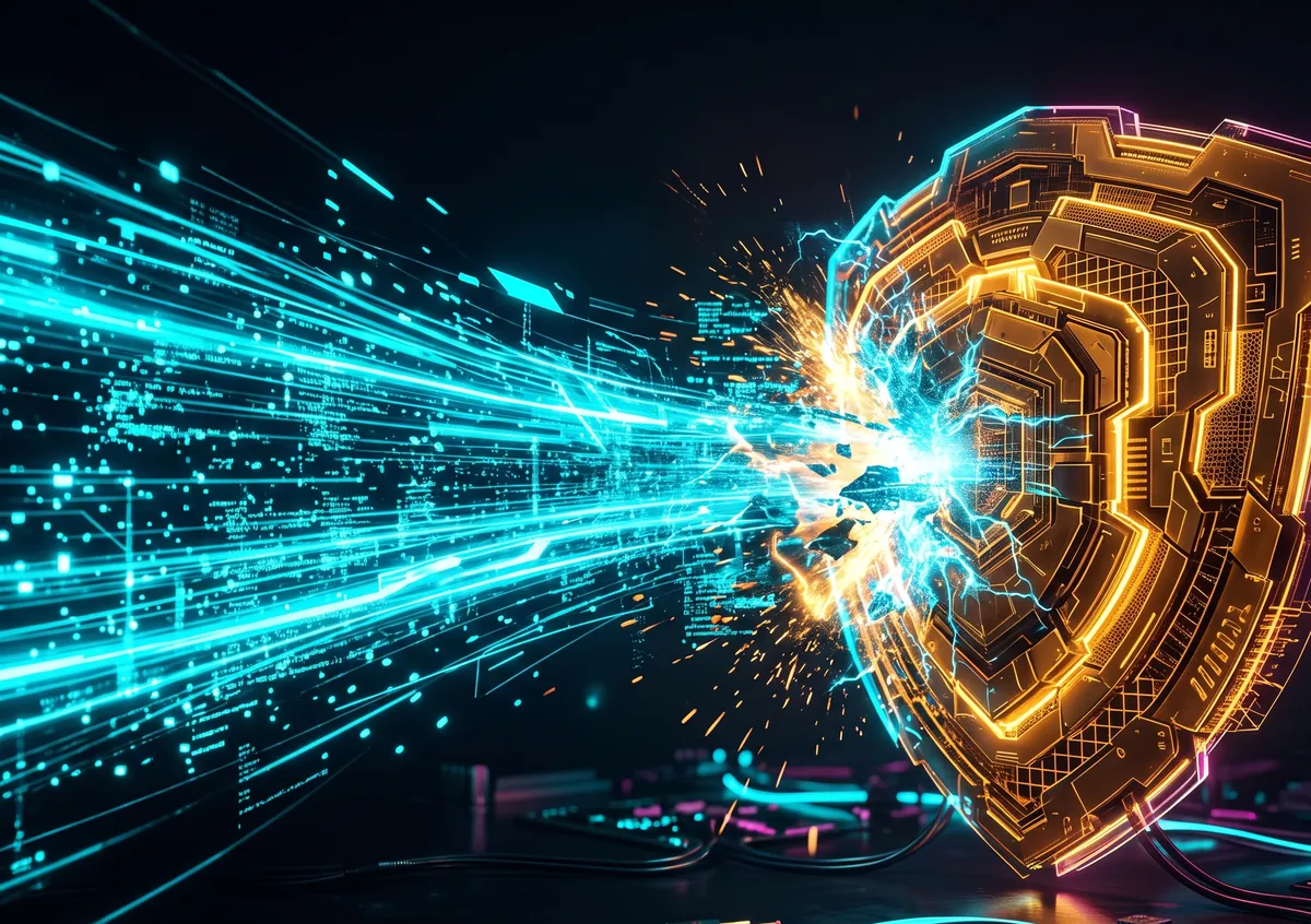 A cyan data tunnel collides with a golden fortress shield in a VPN versus security suite duel