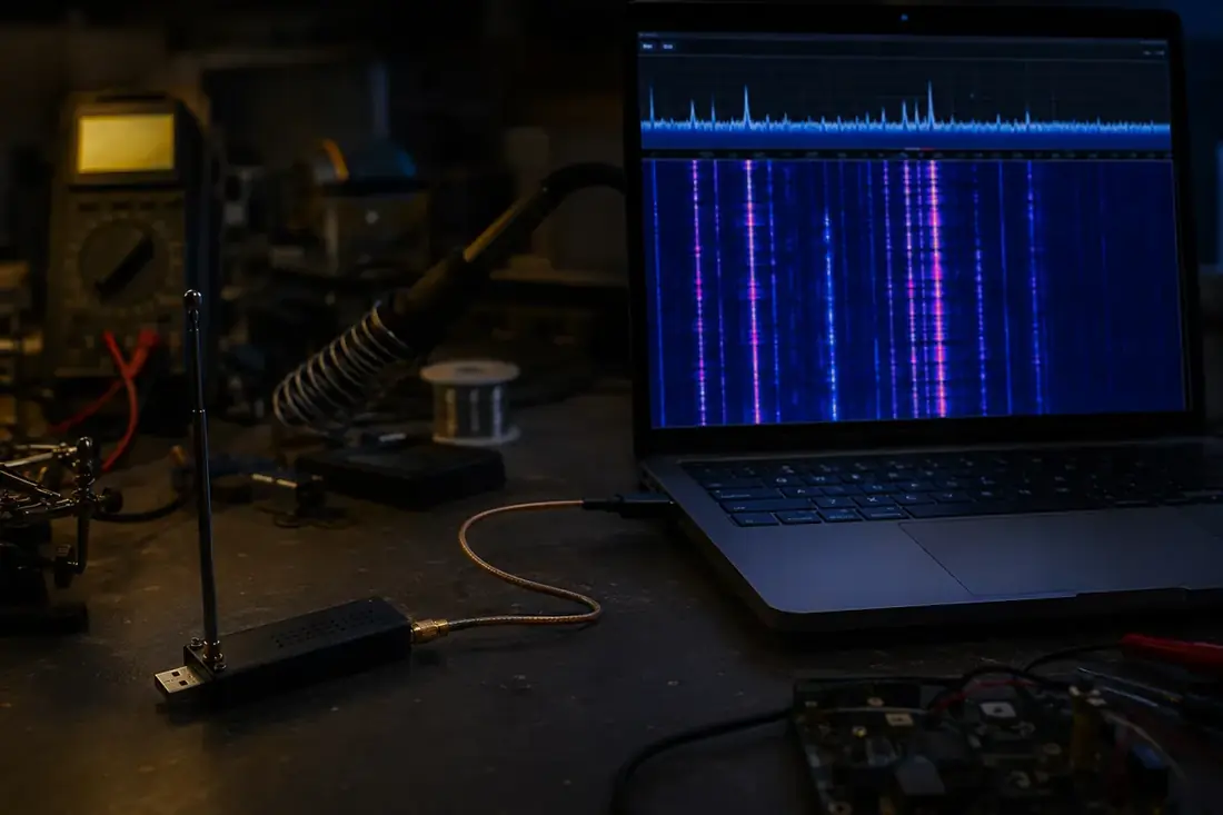 A software defined radio dongle beside a laptop showing a waterfall spectrum display