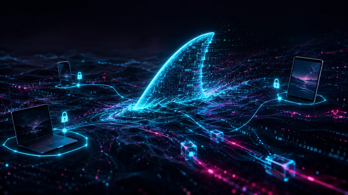 A sleek fin of glowing data cutting through a dark sea of neon code, with multiple devices linked by light, evoking Surfshark's unlimited-device VPN in 247plan's cyberpunk style