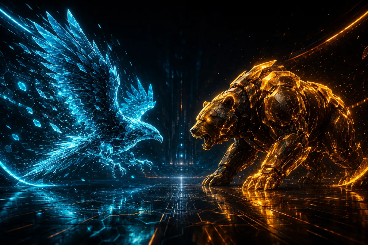 A swift cyan falcon of light faces a golden armored bear over a circuitry floor