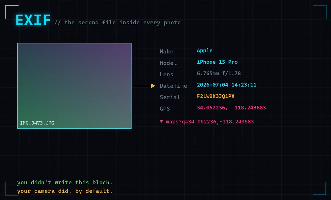 A photo file split open to show a hidden block of GPS coordinates and a camera serial number underneath the image